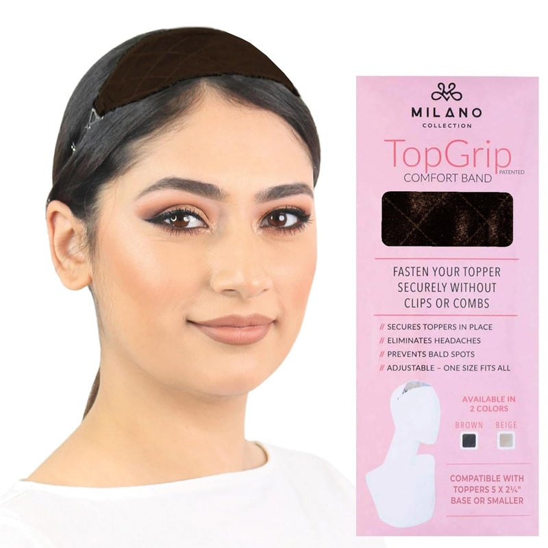 MILANO COLLECTION Glueless Top Grip for Hair Topper & Wiglets, Adjustable Translucent Strap with Side Openings, Top Headband for Your Wig or Topper, Includes Clips, Brown, Small - Image 1